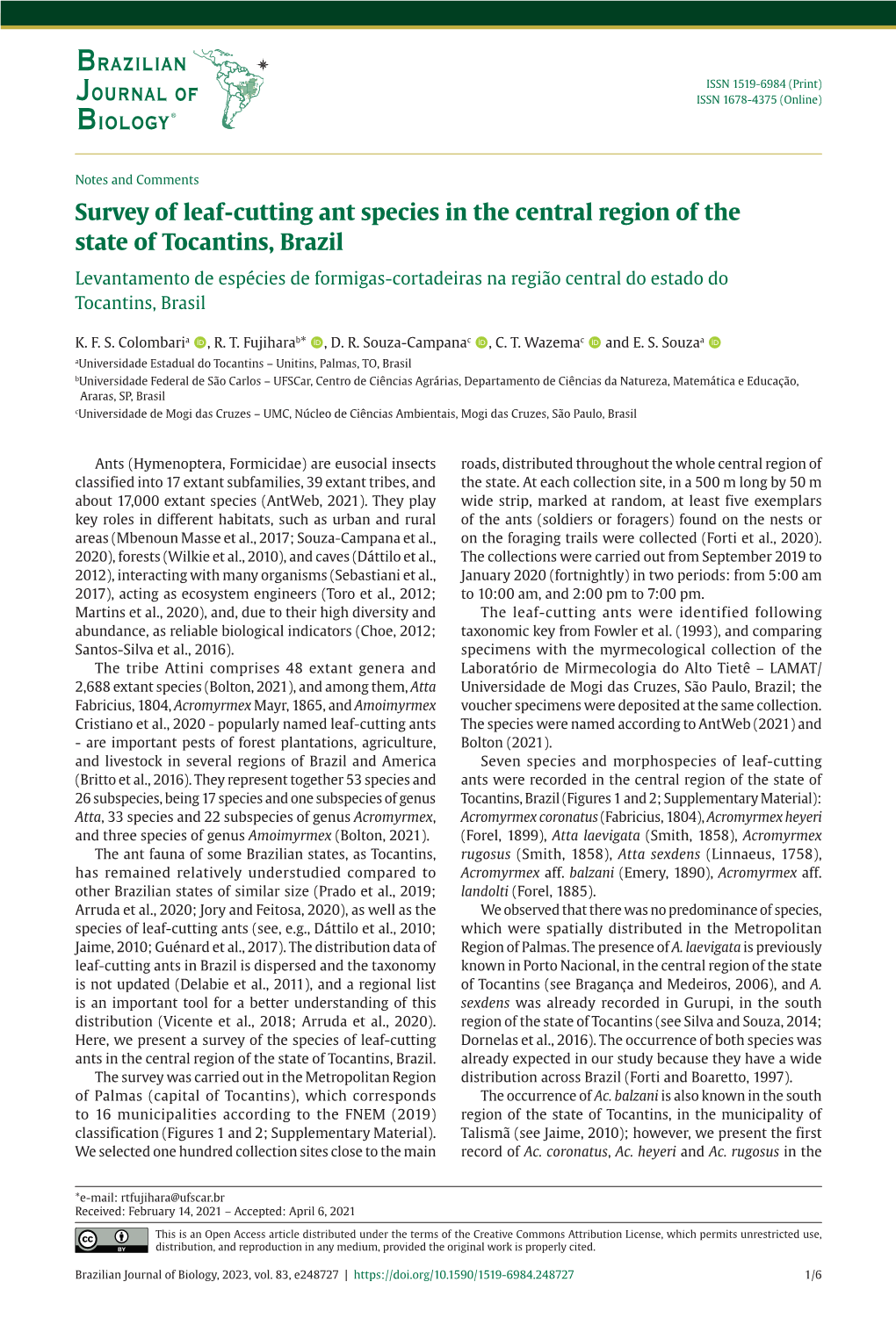 Survey of Leaf-Cutting Ant Species in the Central Region of the State of Tocantins, Brazil