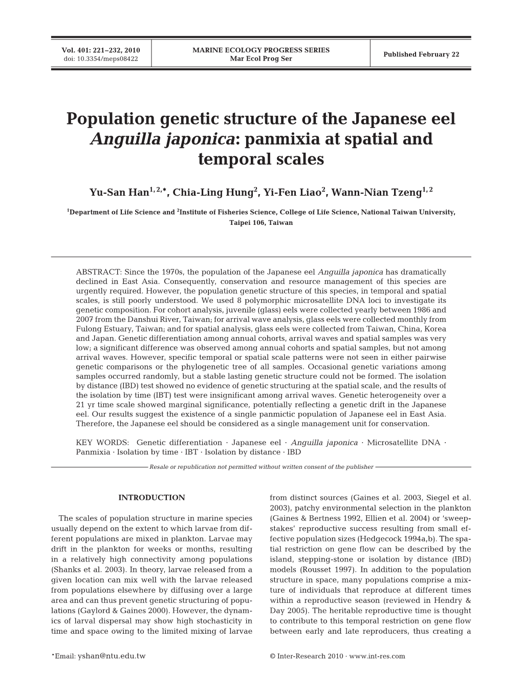 Population Genetic Structure of the Japanese Eel Anguilla Japonica: Panmixia at Spatial and Temporal Scales