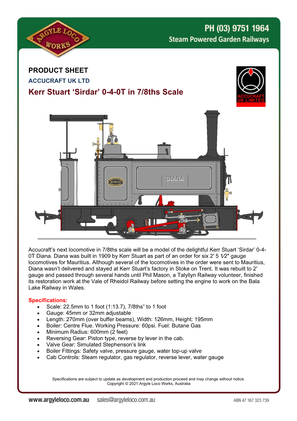 Kerr Stuart 'Sirdar' 0-4-0T in 7/8Ths Scale