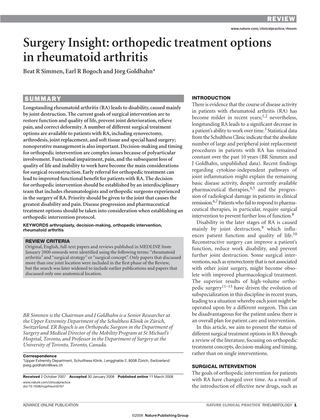 Surgery Insight: Orthopedic Treatment Options in Rheumatoid Arthritis Beat R Simmen, Earl R Bogoch and Jörg Goldhahn*