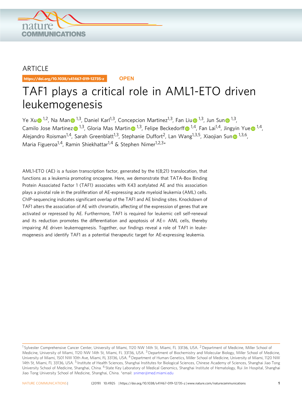 TAF1 Plays a Critical Role in AML1-ETO Driven Leukemogenesis