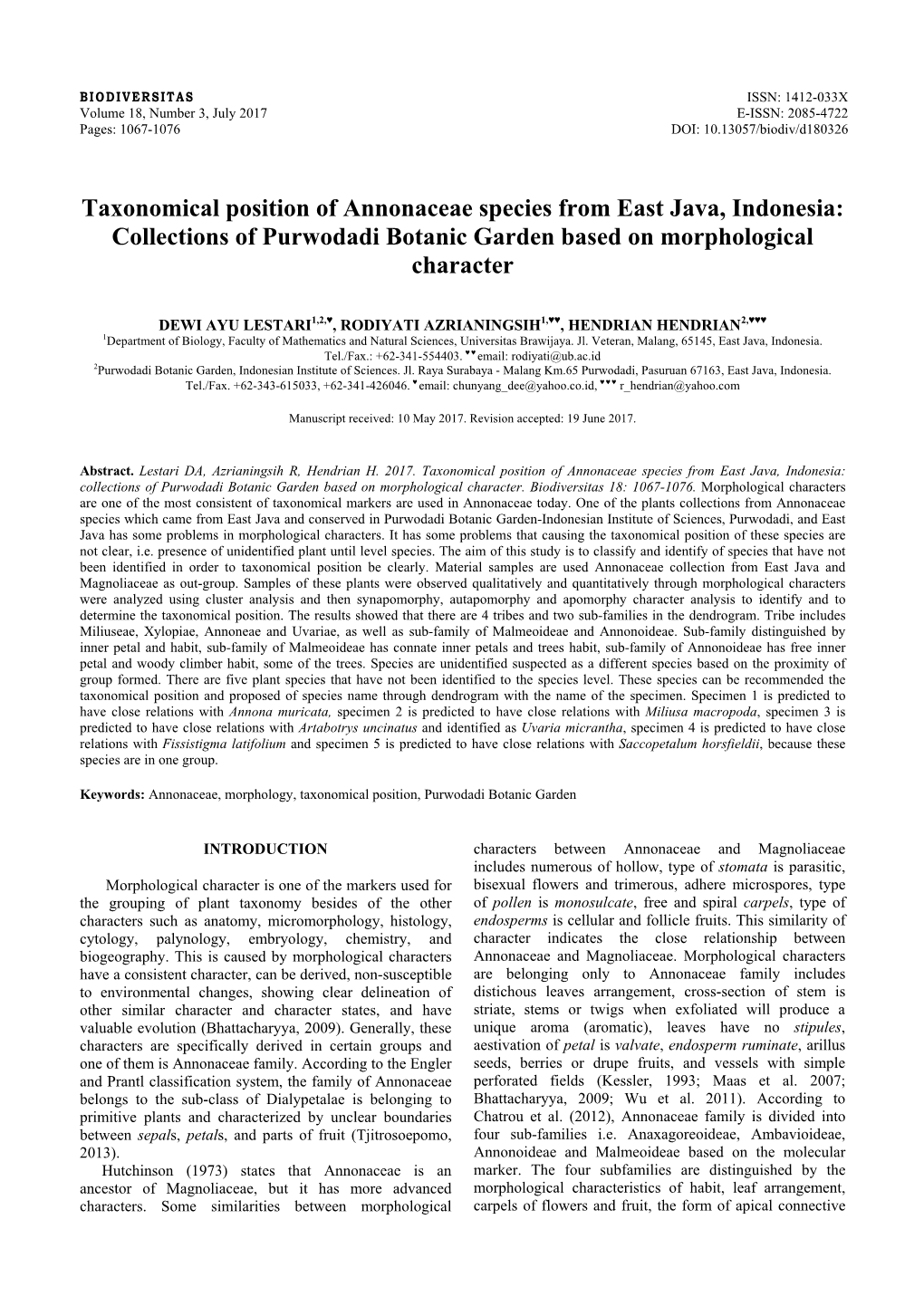 Taxonomical Position of Annonaceae Species from East Java, Indonesia: Collections of Purwodadi Botanic Garden Based on Morphological Character