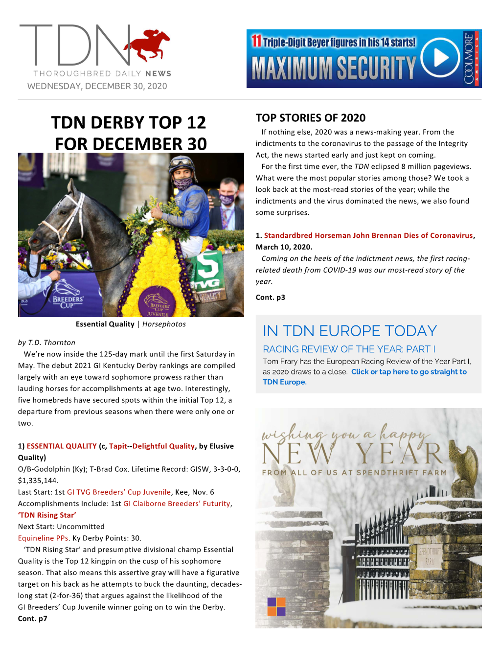 Tdn Derby Top 12 for December 30