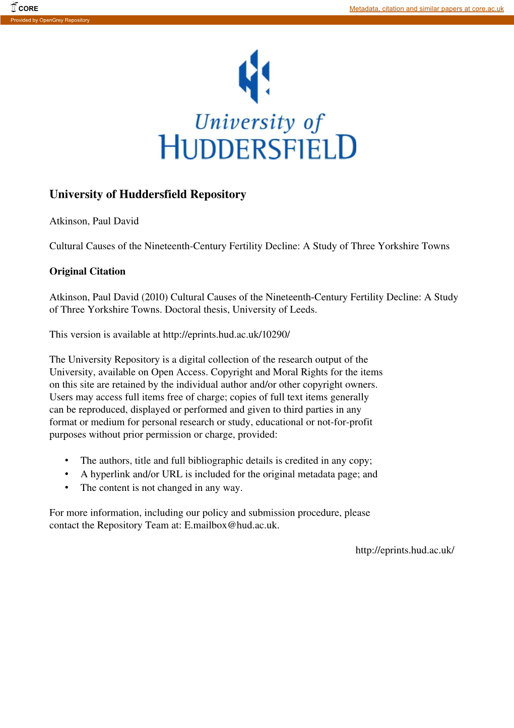 Cultural Causes of the Nineteenth-Century Fertility Decline: a Study of Three Yorkshire Towns