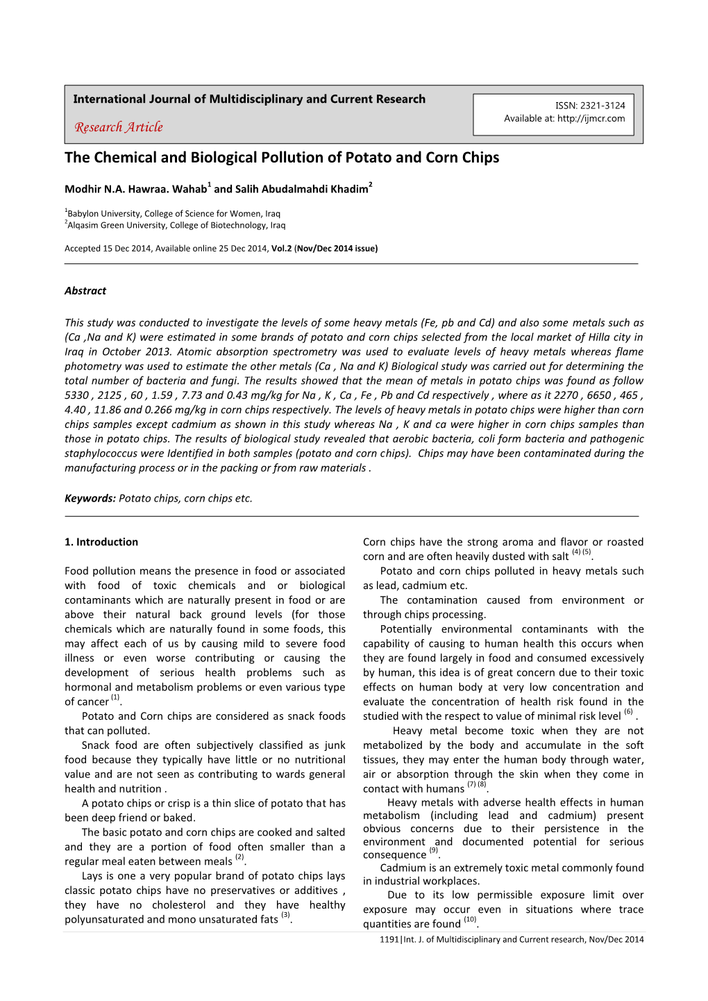 The Chemical and Biological Pollution of Potato and Corn Chips