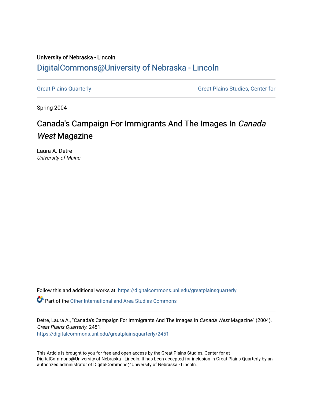 Canada's Campaign for Immigrants and the Images in &lt;I&gt;Canada West&lt;/I&gt;