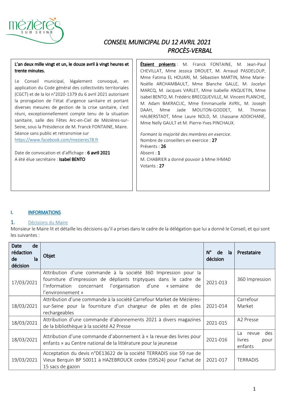 Conseil Municipal Du 12 Avril 2021 Procès-Verbal