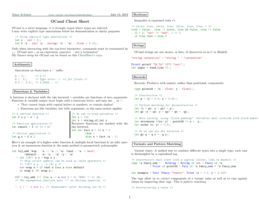 Ocaml Cheat Sheet