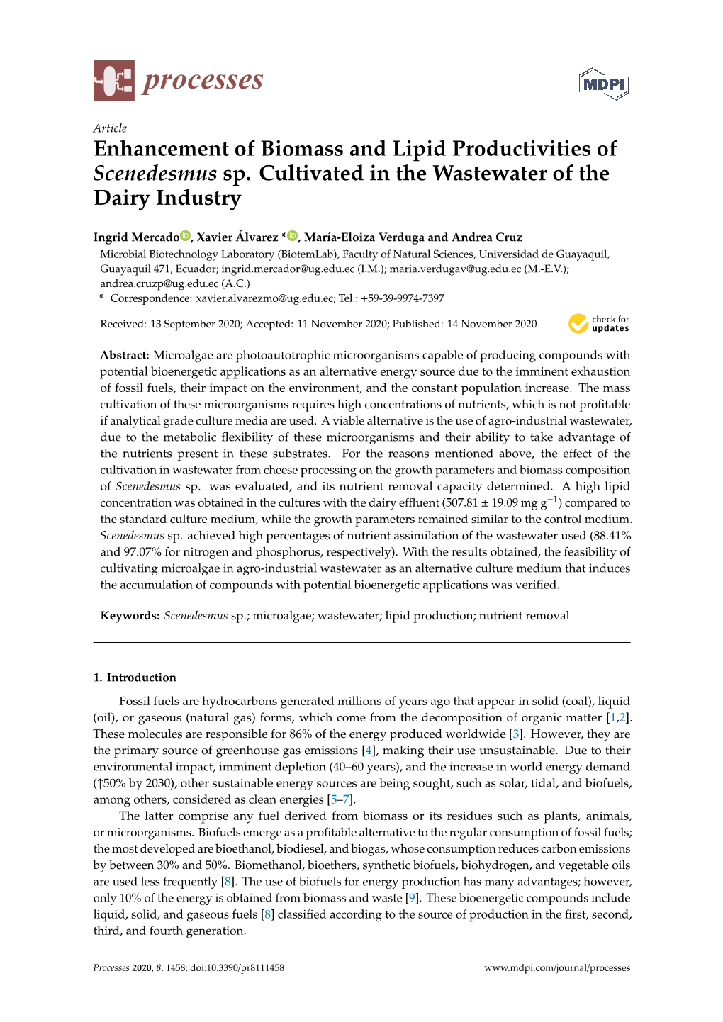 Enhancement of Biomass and Lipid Productivities of Scenedesmus Sp. Cultivated in the Wastewater of the Dairy Industry