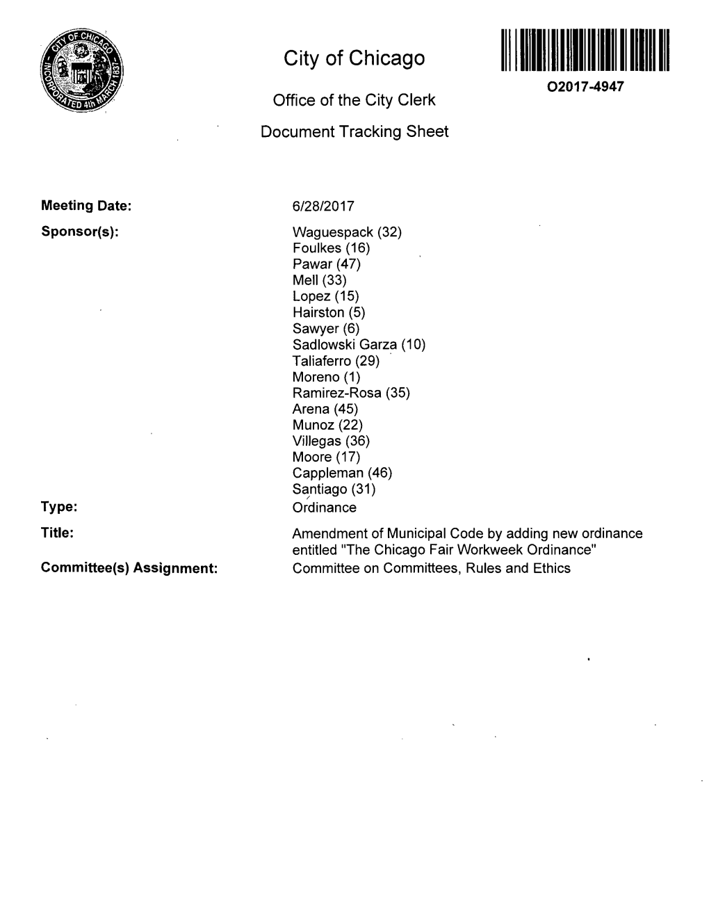 City of Chicago O2017-4947 Office of the City Clerk Document Tracking Sheet