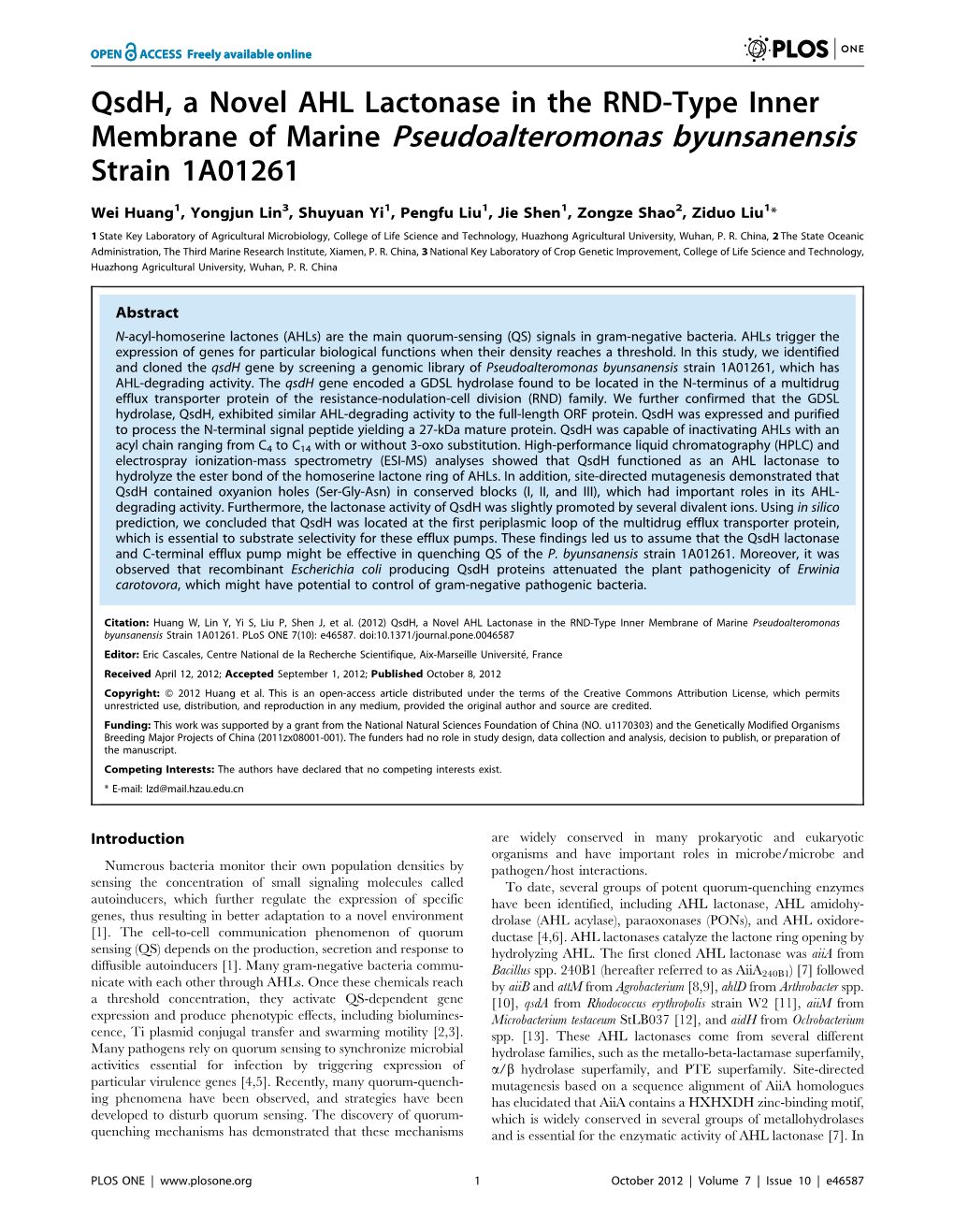 Qsdh, a Novel AHL Lactonase in the RND-Type Inner Membrane of Marine Pseudoalteromonas Byunsanensis Strain 1A01261