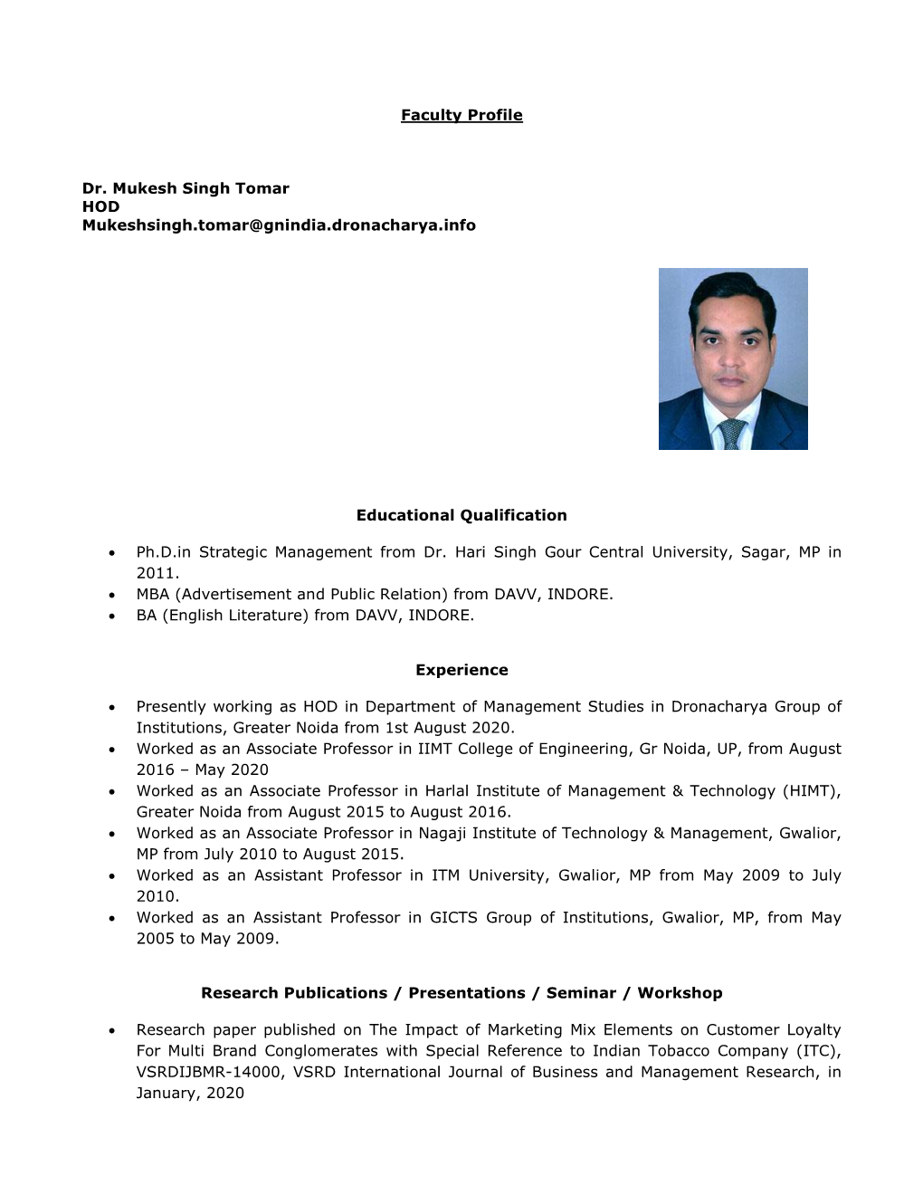 Faculty Profile Dr. Mukesh Singh Tomar HOD Mukeshsingh.Tomar