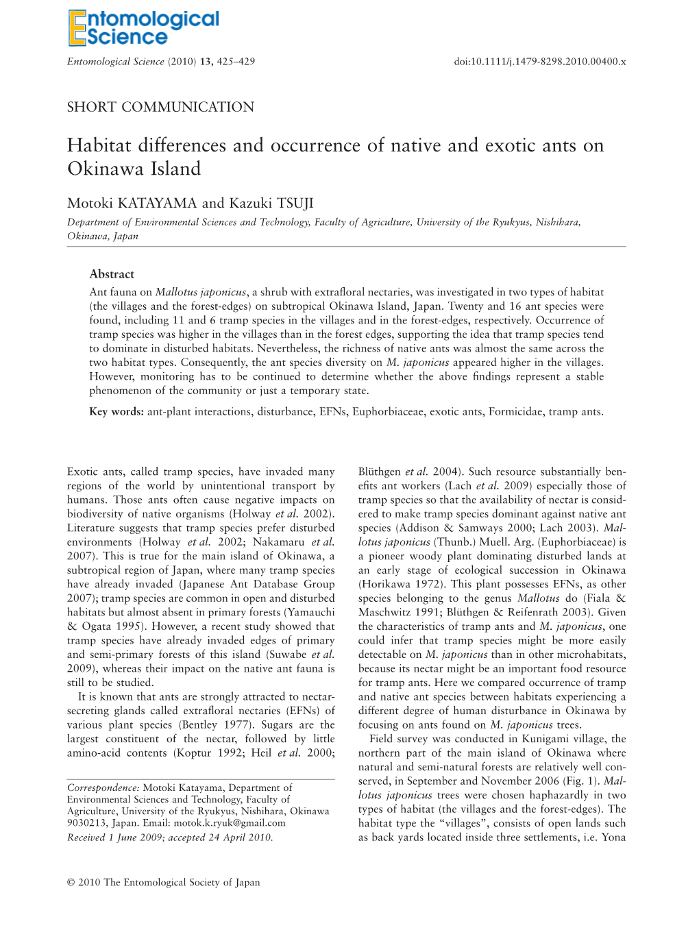 Habitat Differences and Occurrence of Native and Exotic Ants on Okinawa Island