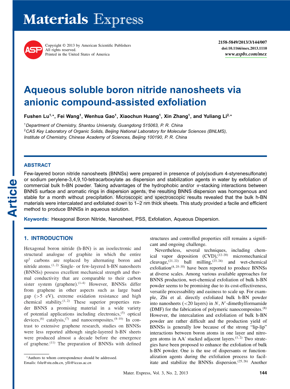 Aqueous Soluble Boron Nitride Nanosheets Via Anionic Compound-Assisted Exfoliation