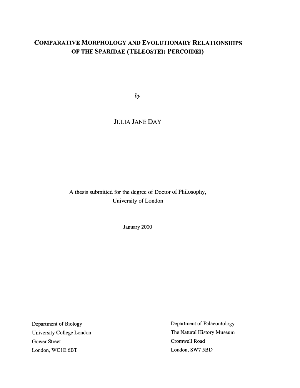 Comparative Morphology and Evolutionary Relationships of the Sparidae (Teleostei: Percoidei)