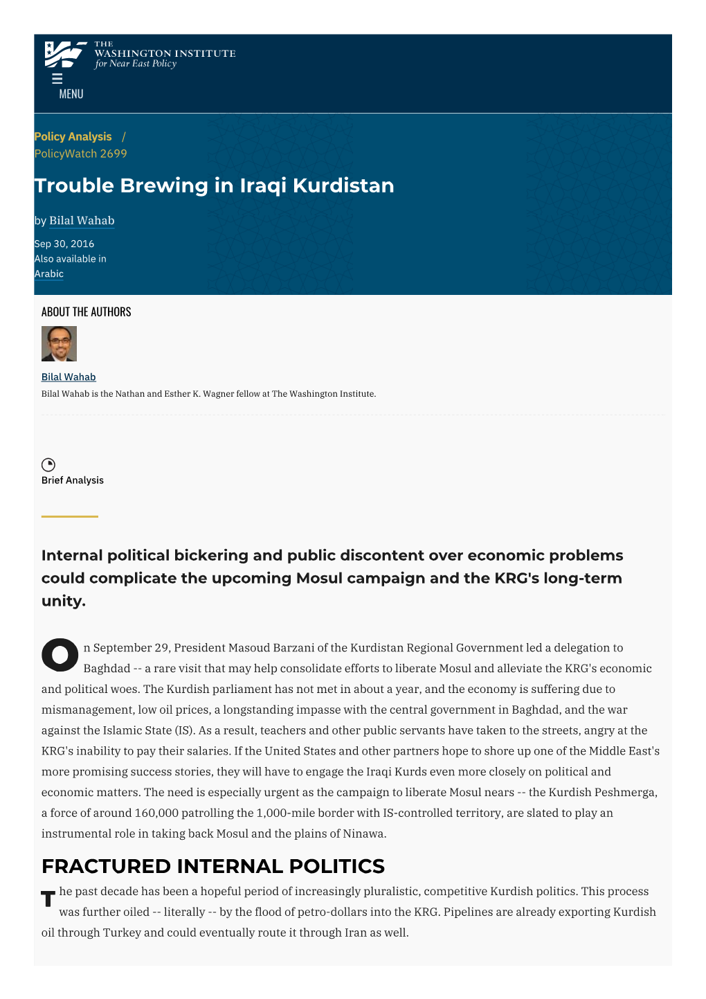 Trouble Brewing in Iraqi Kurdistan | the Washington Institute