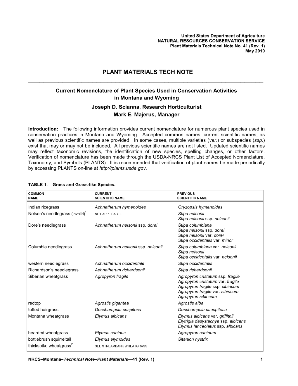 Current Nomenclature of Plant Species Used in Conservation Activities in Montana and Wyoming Joseph D