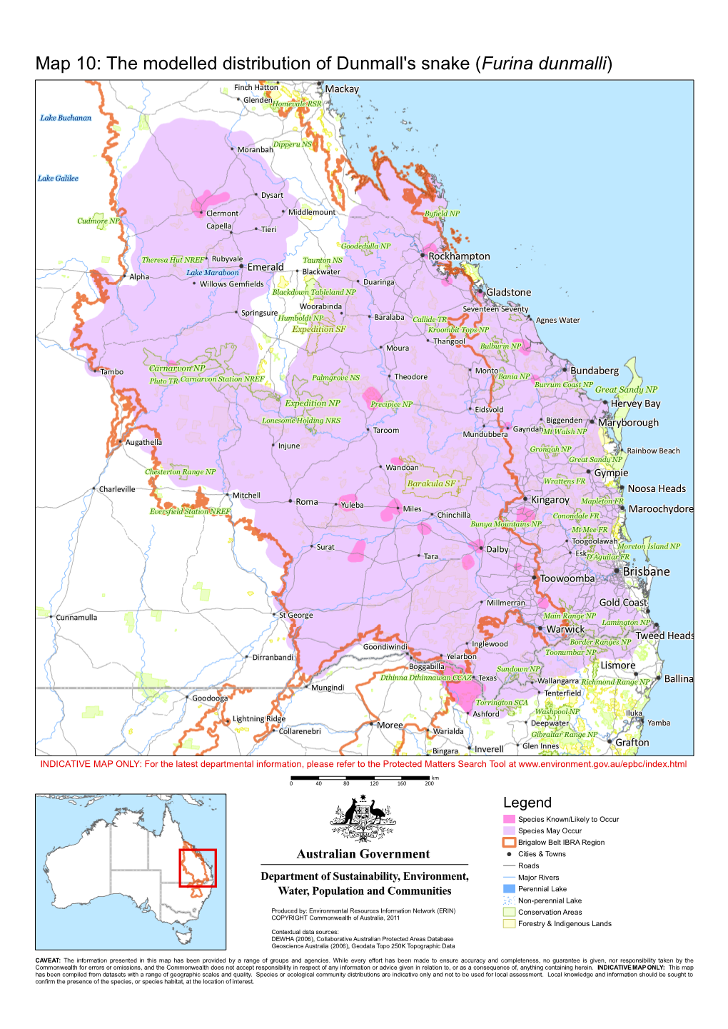 Map 10: the Modelled Distribution of Dunmall's Snake (Furina Dunmalli) Finch Hatton Mackay Glendenhomevale RSR Lake Buchanan