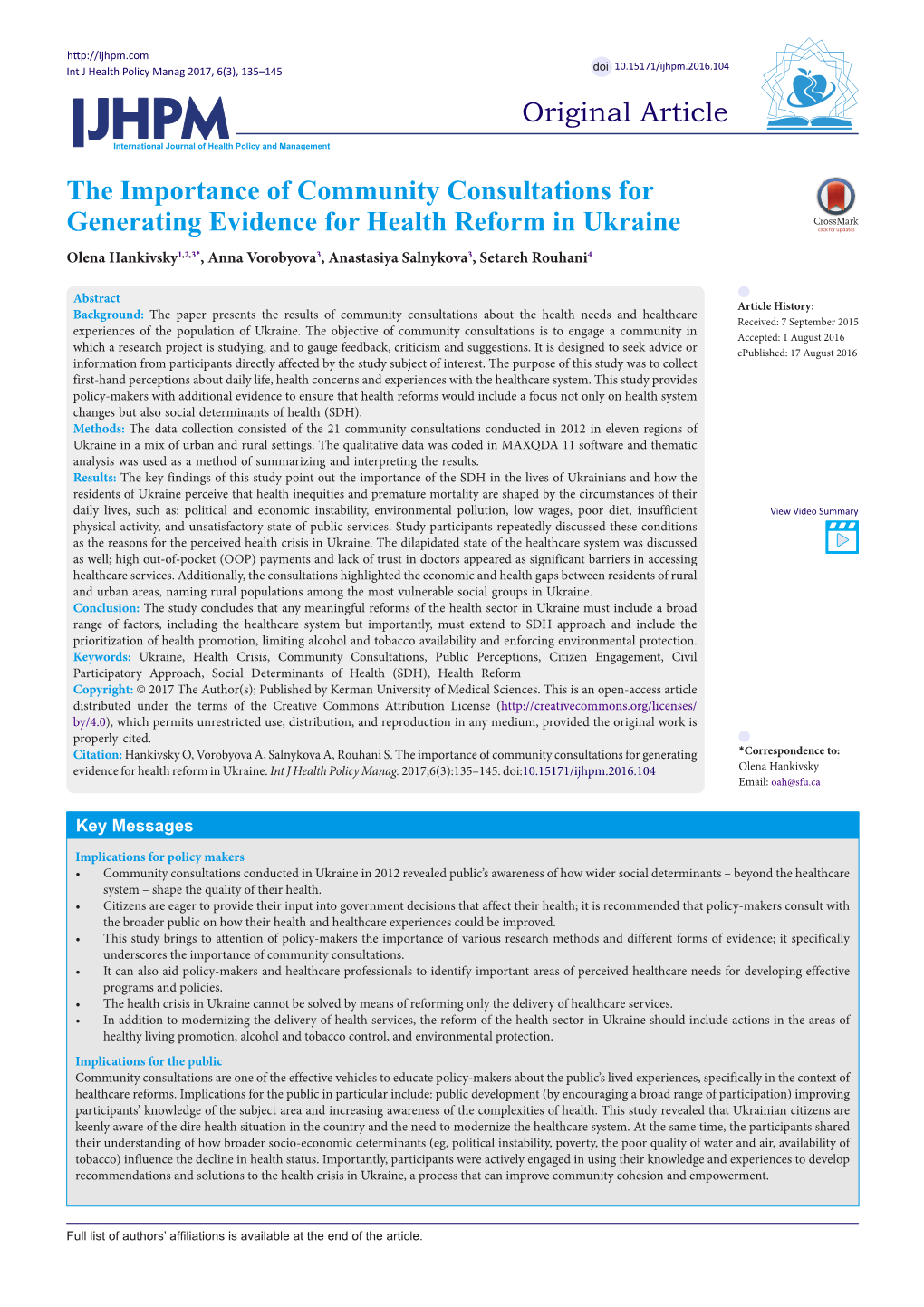 The Importance of Community Consultations for Generating Evidence for Health Reform in Ukraine