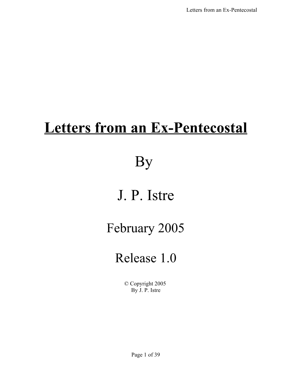 Letters from an Ex-Pentecostal by JP Istre