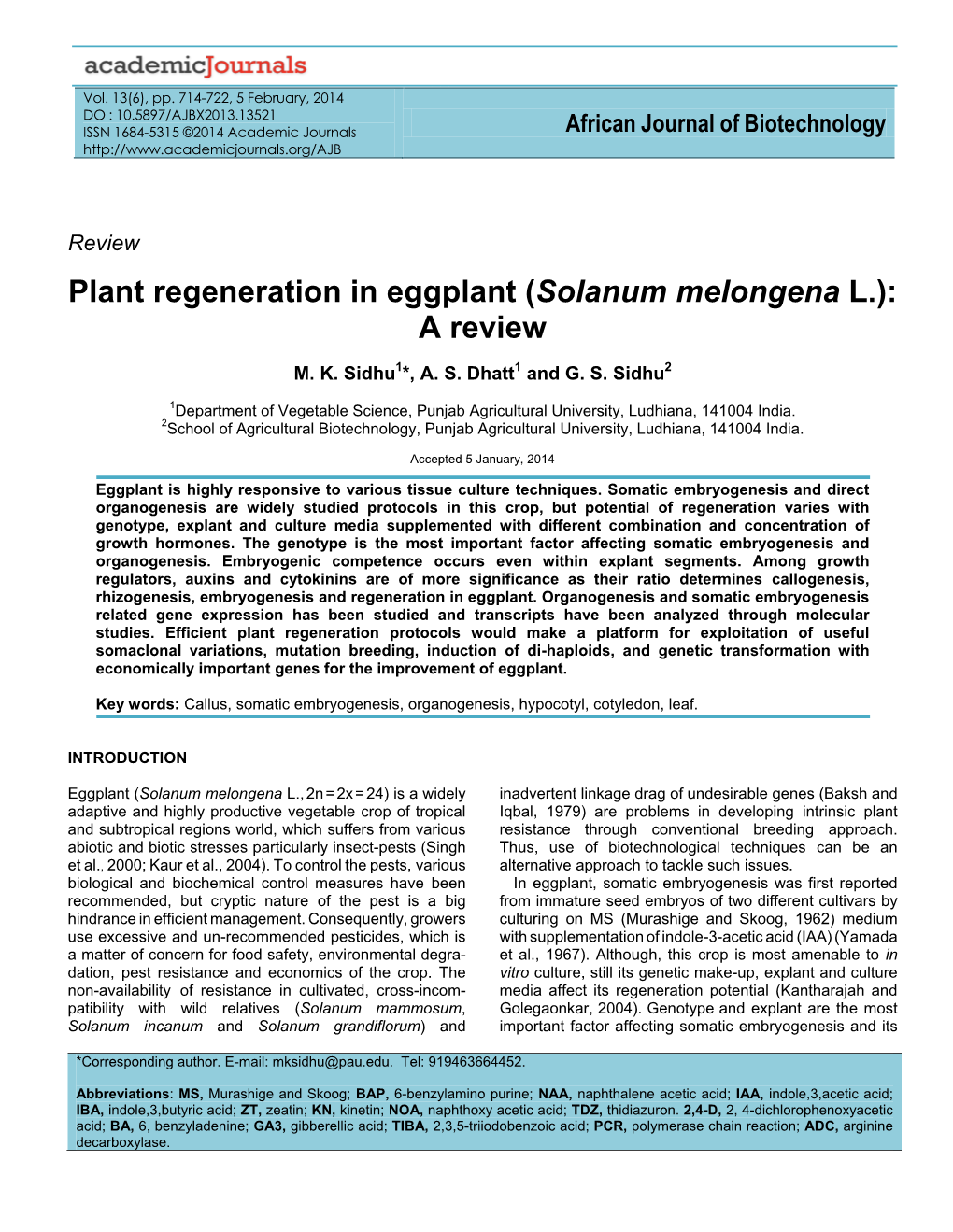 Plant Regeneration and Genetic Transformation in Eggplant