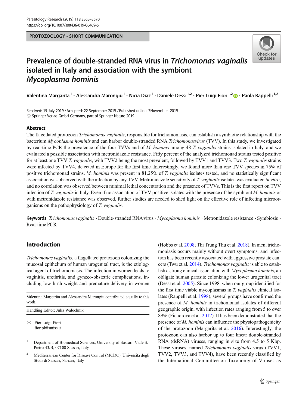 Prevalence of Double-Stranded RNA Virus in Trichomonas Vaginalis Isolated in Italy and Association with the Symbiont Mycoplasma Hominis