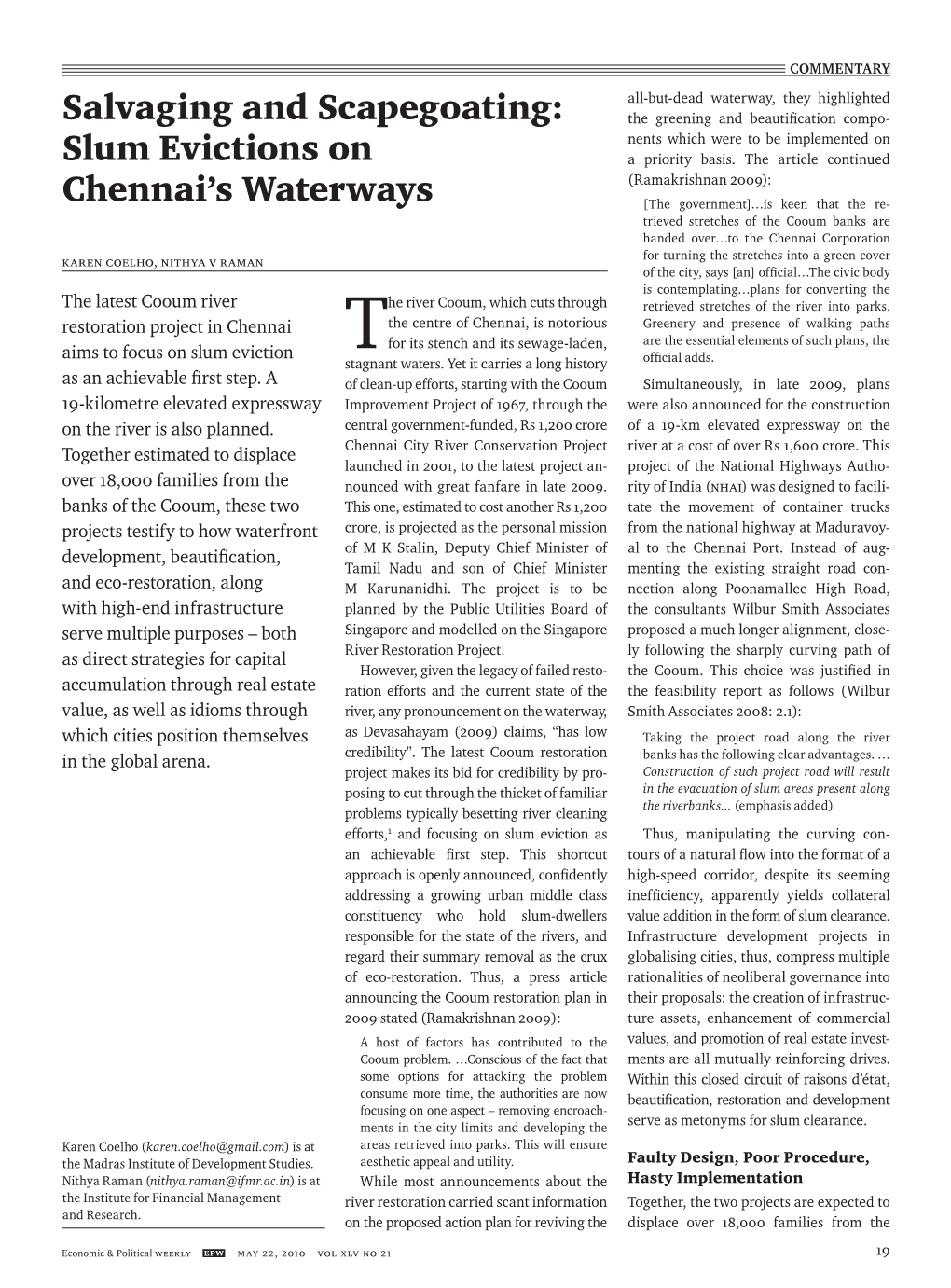 Salvaging and Scapegoating: Slum Evictions on Chennai's Waterways