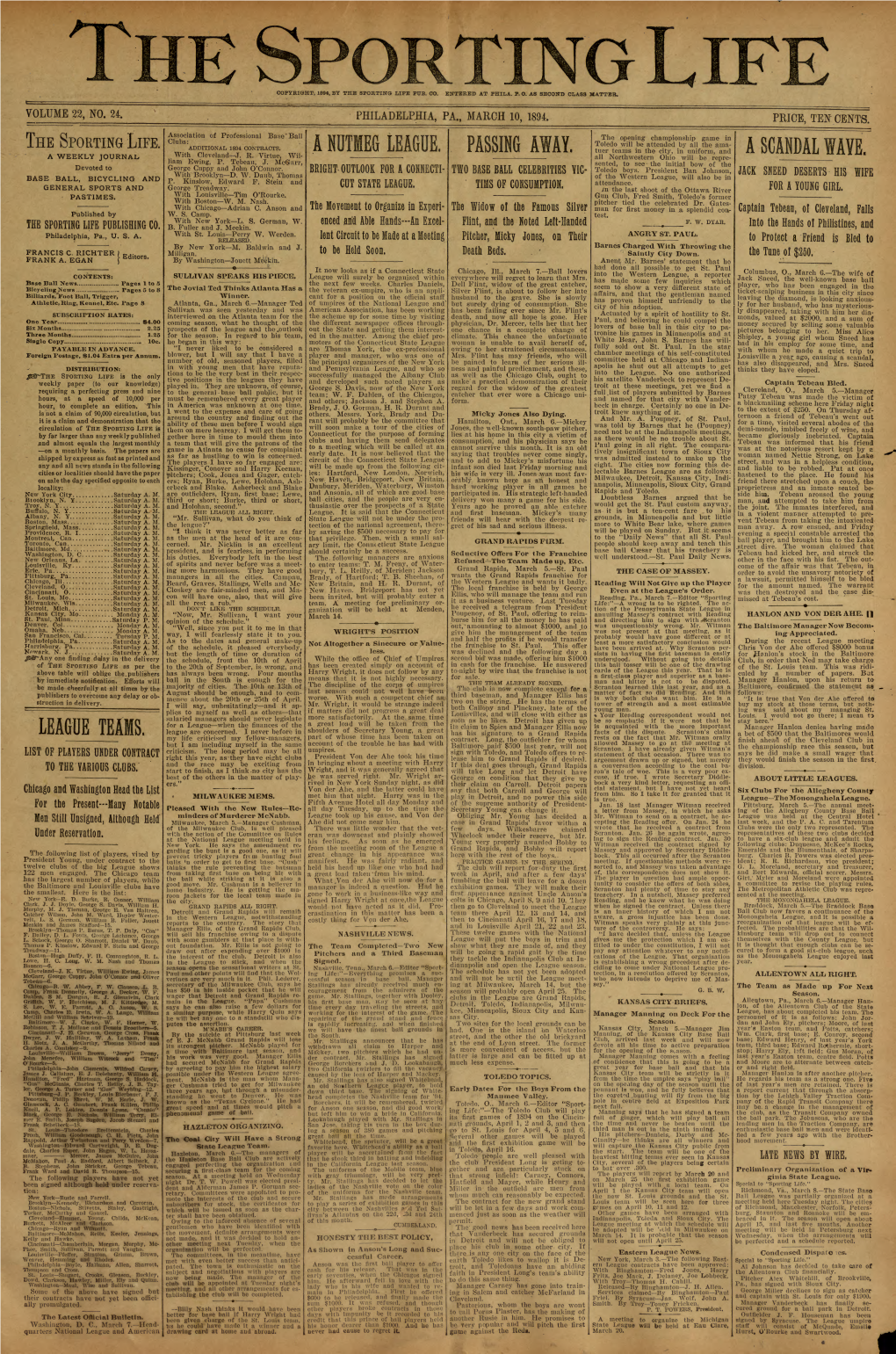 Ball the Opening Championship Game in Clubs: Toledo Will Be Attended by All the the ADDITIONAL 1884 CONTRACTS