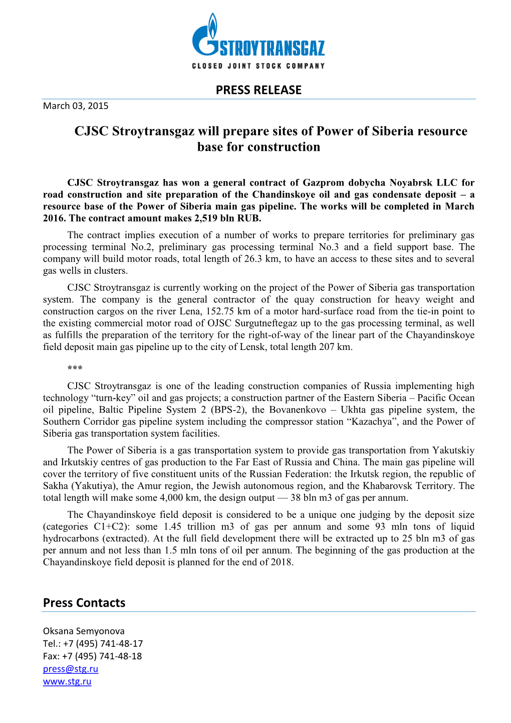 PRESS RELEASE CJSC Stroytransgaz Will Prepare Sites of Power