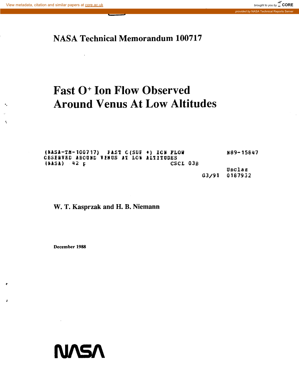 Fast 0' Ion Flow Observed Around Venus at Low Altitudes