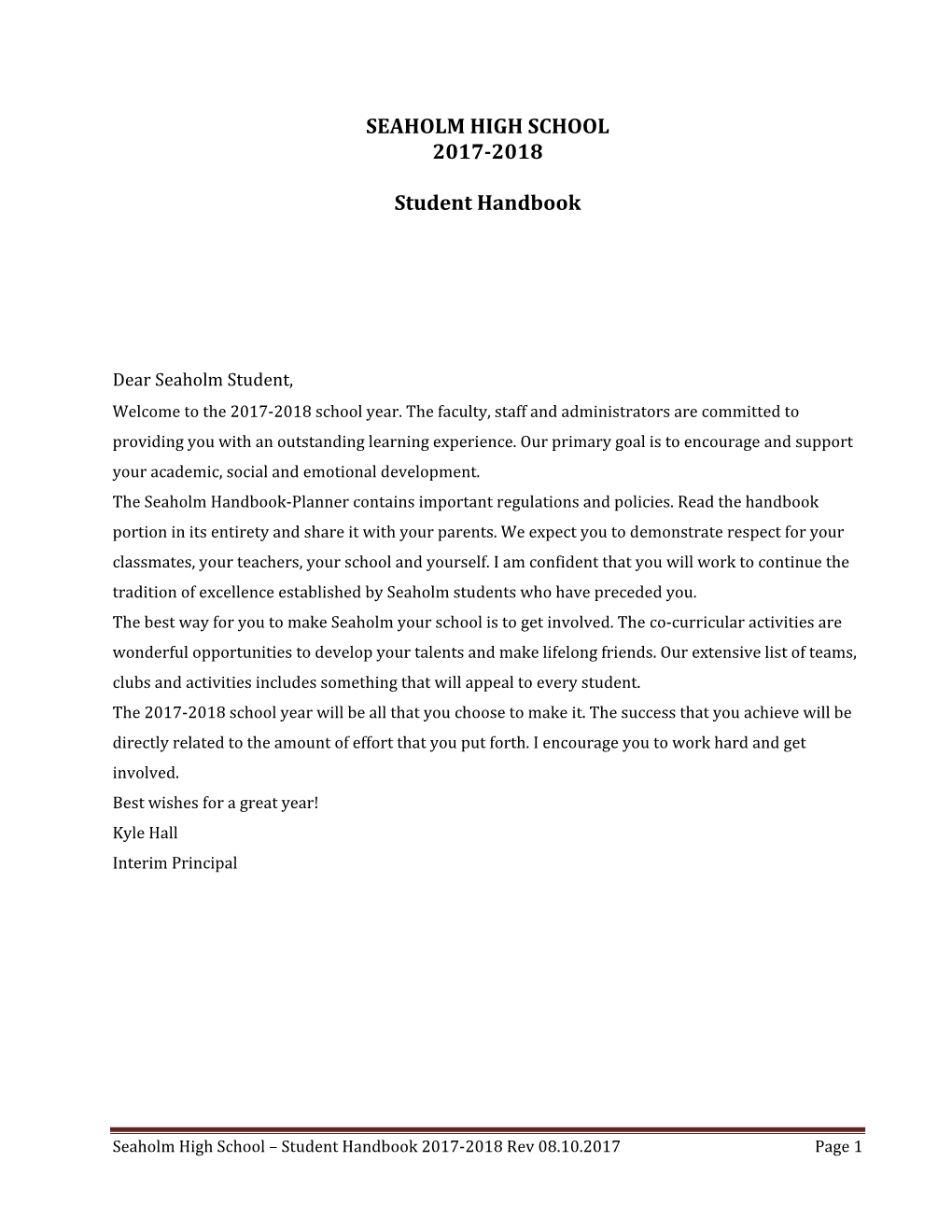 SEAHOLM HIGH SCHOOL 2017-2018 Student Handbook