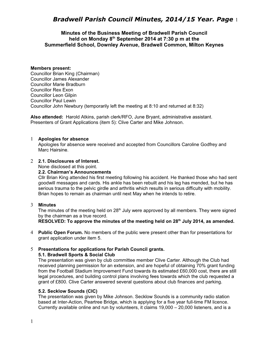 Minutes of the Full Bradwell Parish Council Meeting Held on Monday 16Th April 2007 At s1