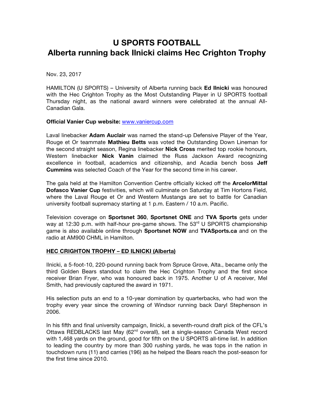 U SPORTS FOOTBALL Alberta Running Back Ilnicki Claims Hec Crighton Trophy