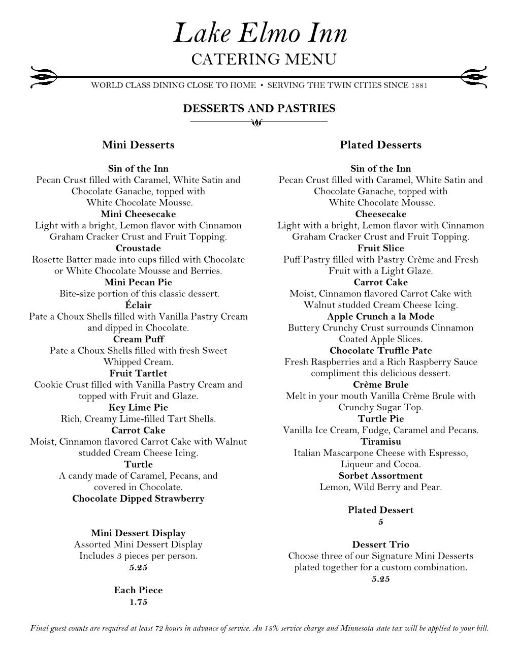 Lake Elmo Inn CATERING MENU