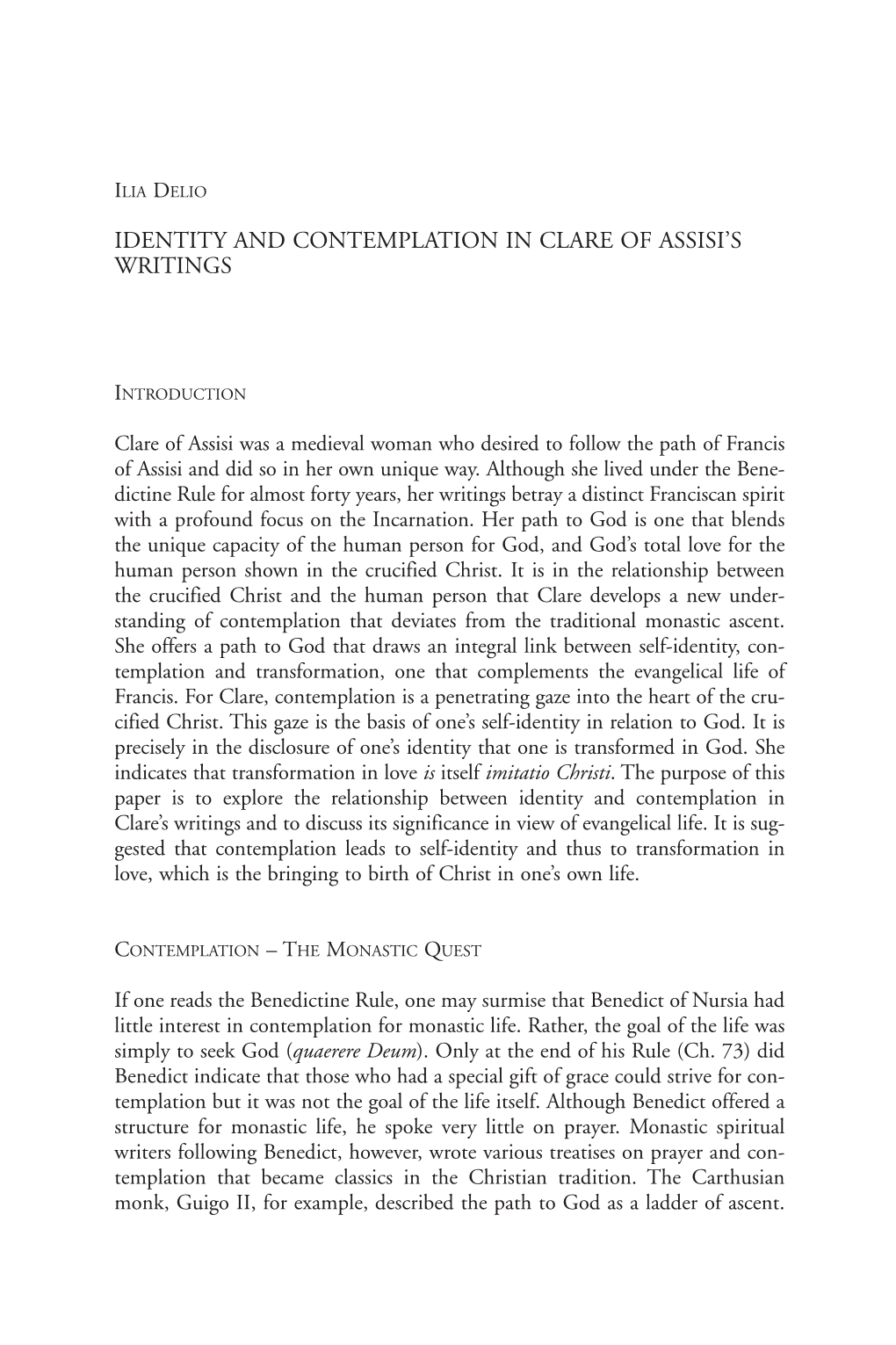 Identity and Contemplation in Clare of Assisi's Writings