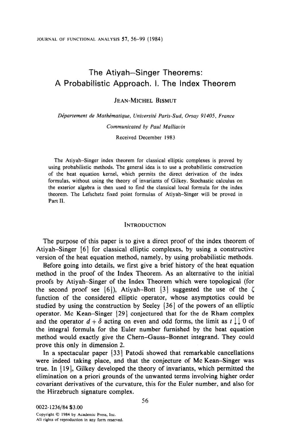 The Atiyah-Singer Theorems: a Probabilistic Approach. I. the Index Theorem
