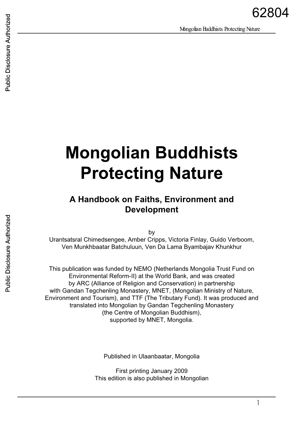 Mongolian Buddhists Protecting Nature Public Disclosure Authorized