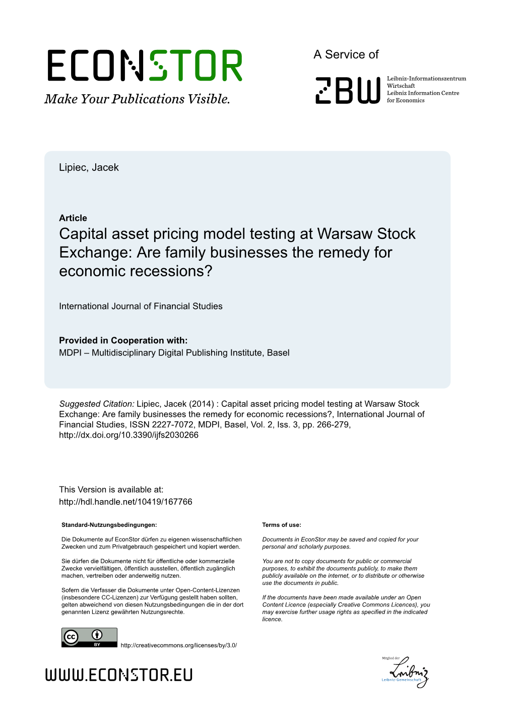 Capital Asset Pricing Model Testing at Warsaw Stock Exchange: Are Family Businesses the Remedy for Economic Recessions?