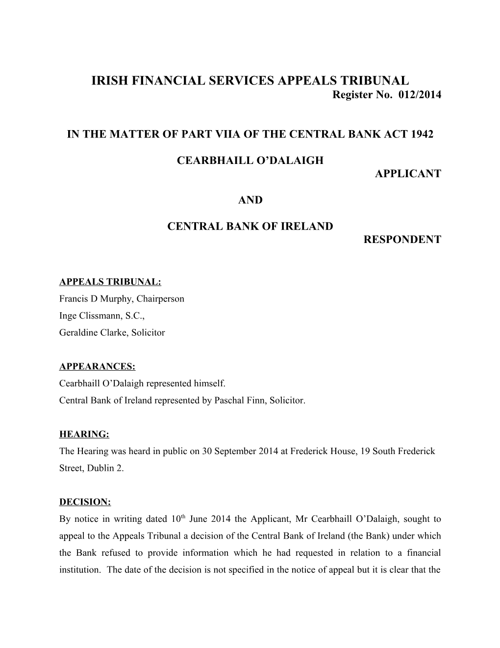 Irish Financial Services Appeals Tribunal