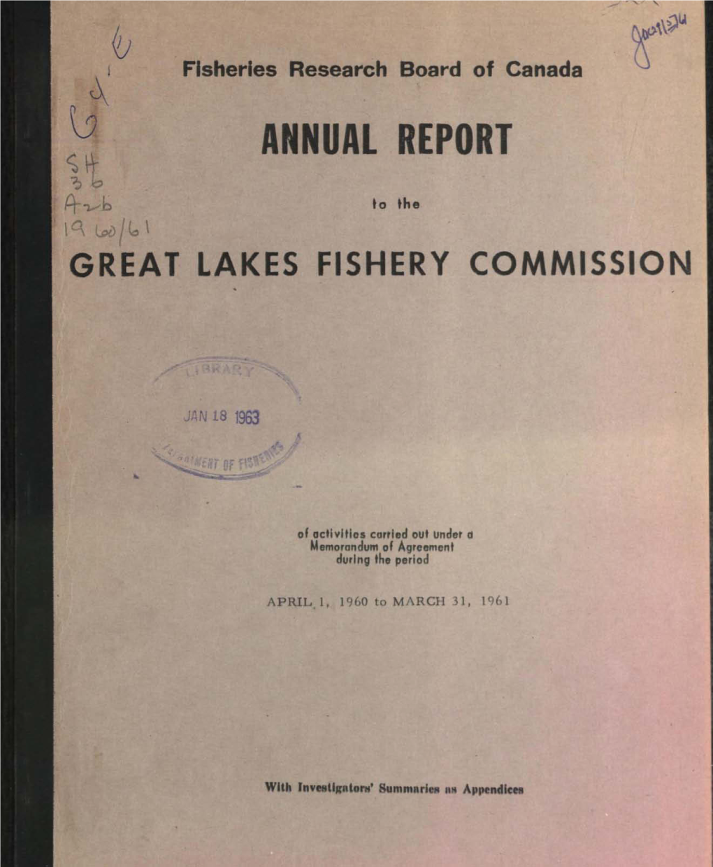 Fisheries Research Board of Canada Annual Report to the Great Lake
