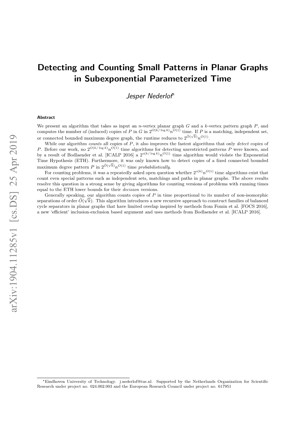 Detecting and Counting Small Patterns in Planar Graphs in Subexponential Parameterized Time