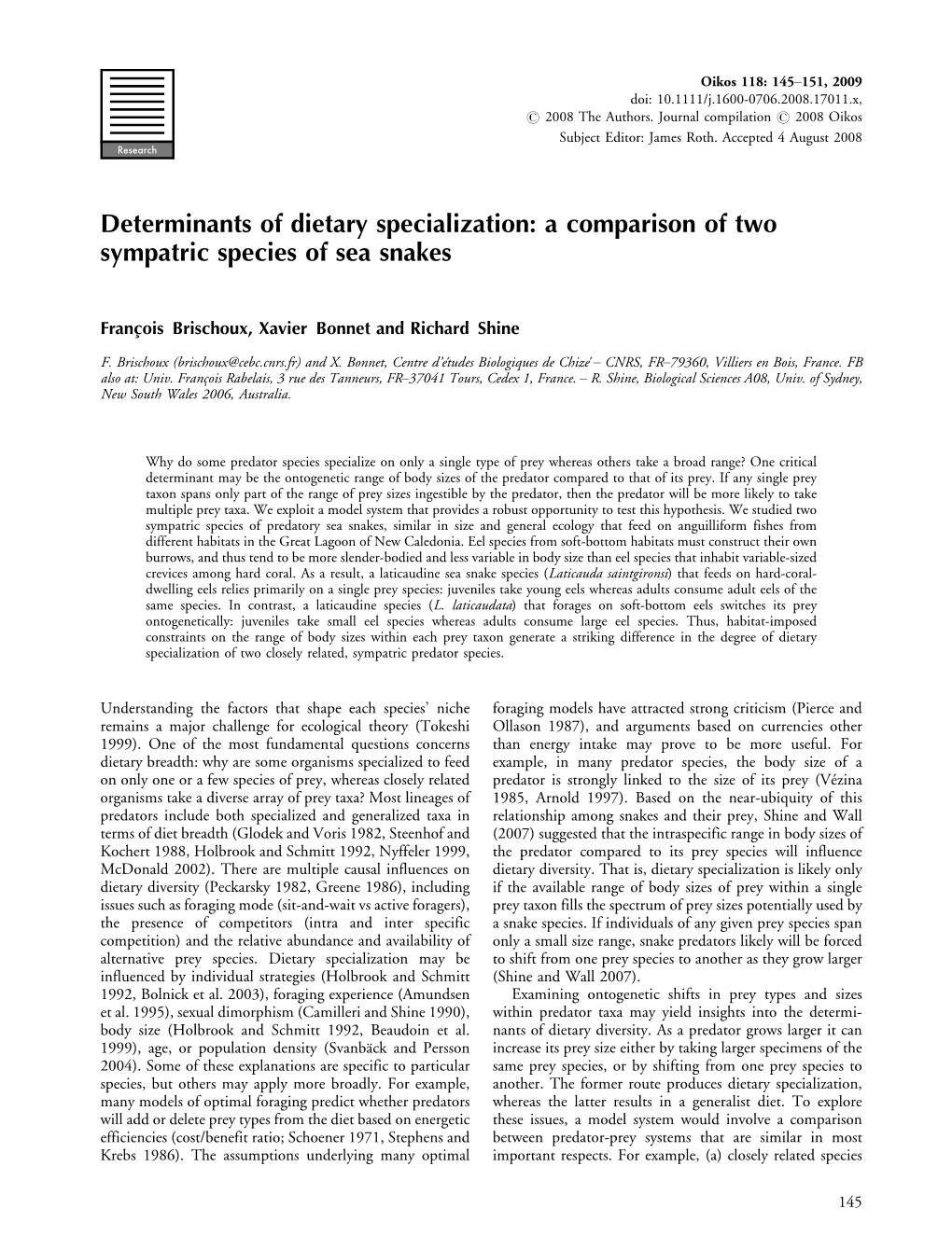 A Comparison of Two Sympatric Species of Sea Snakes