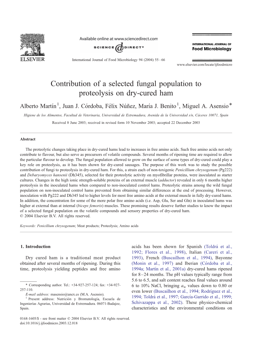 Contribution of a Selected Fungal Population to Proteolysis on Dry-Cured Ham