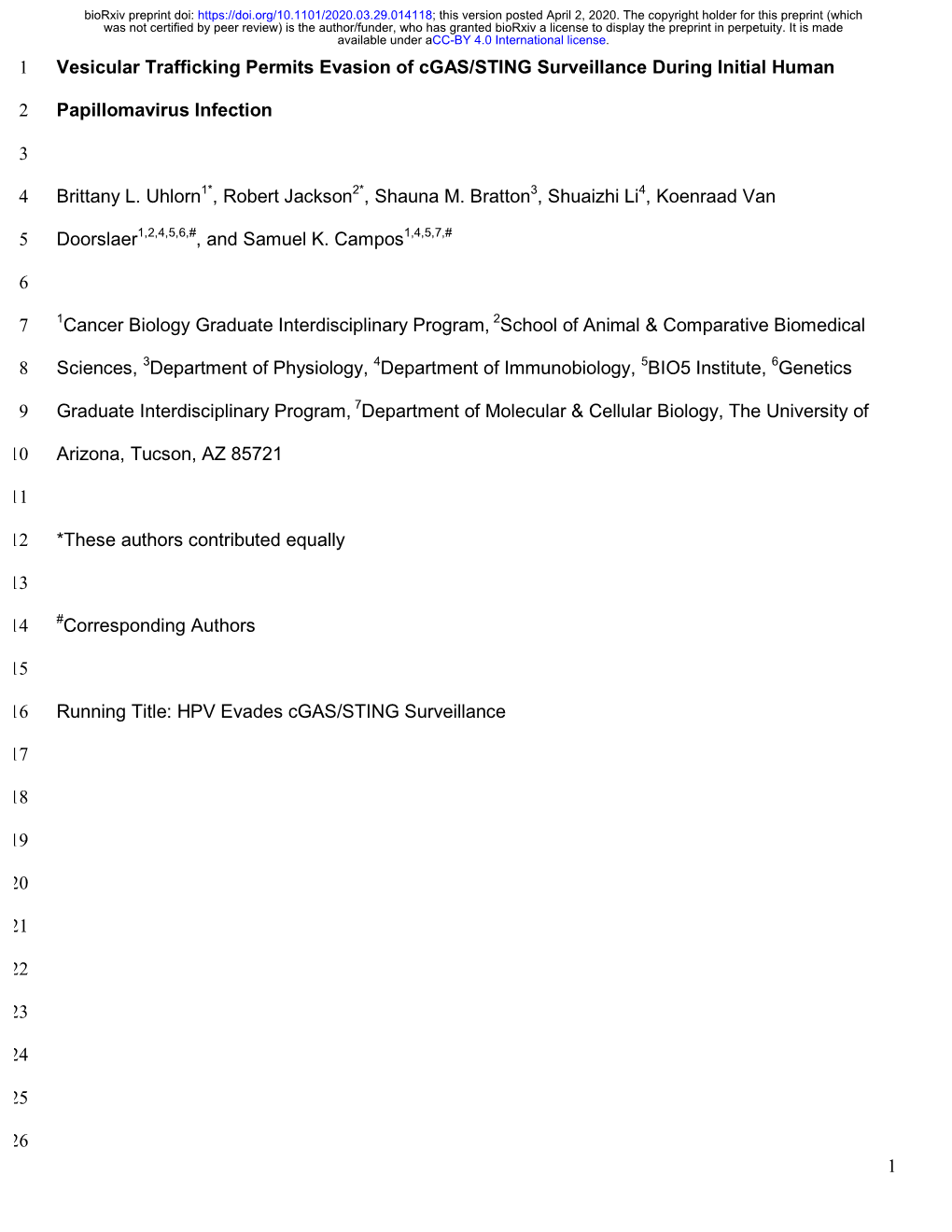 1 Vesicular Trafficking Permits Evasion of Cgas/STING Surveillance During Initial Human