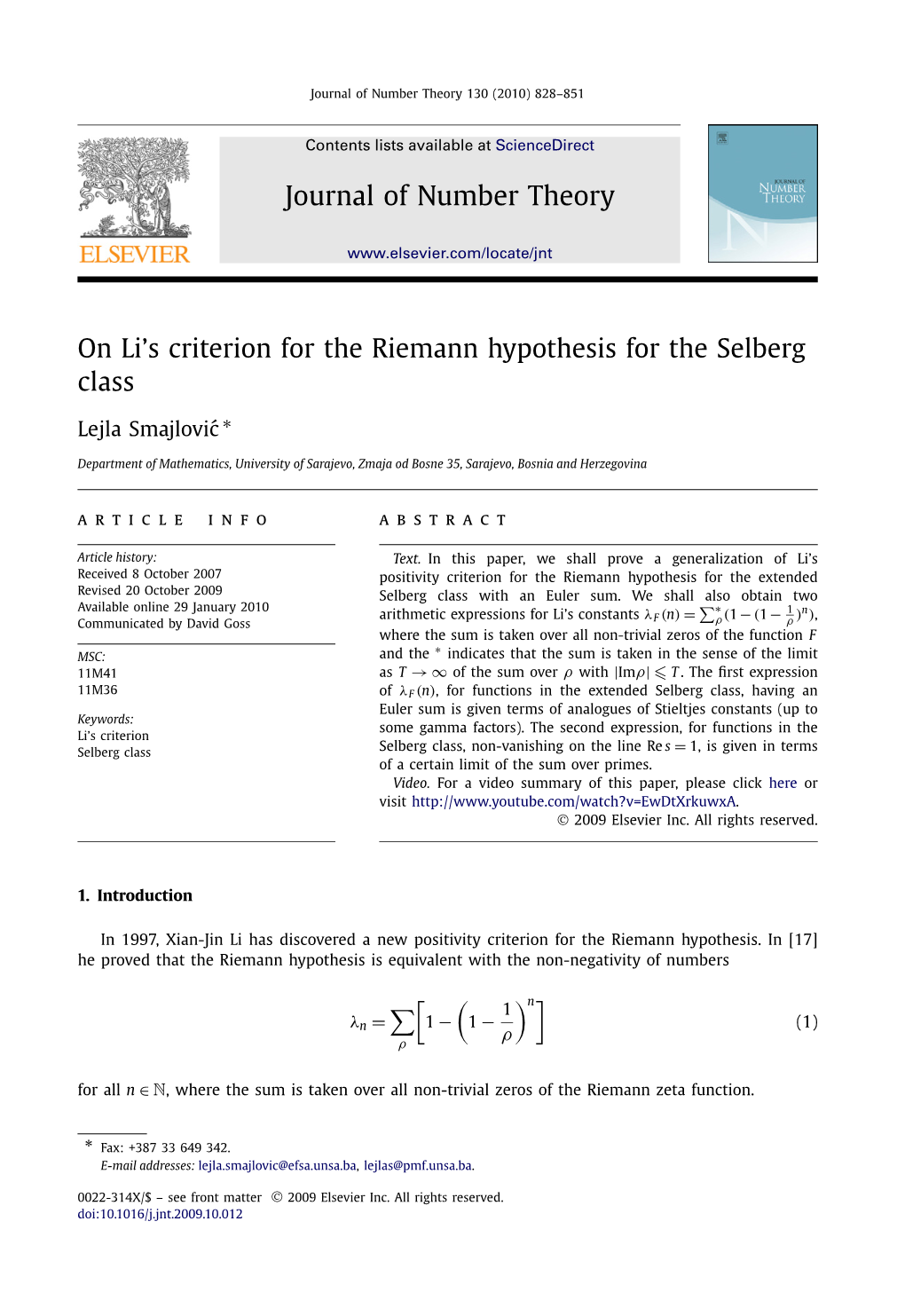 Journal of Number Theory on Li's Criterion for the Riemann