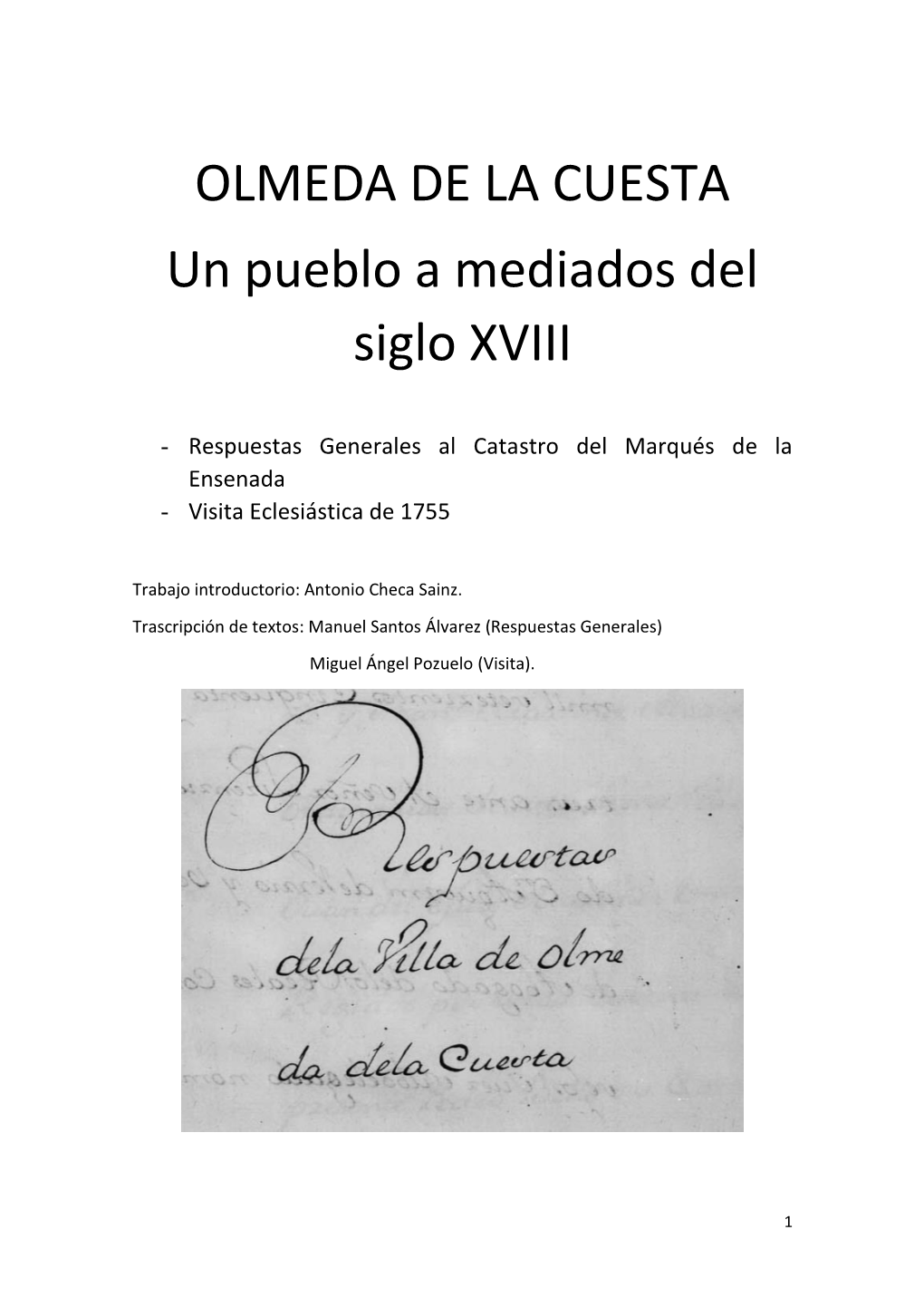 OLMEDA DE LA CUESTA Un Pueblo a Mediados Del Siglo XVIII