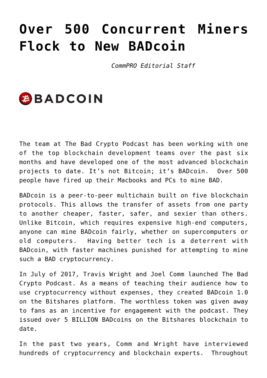 Over 500 Concurrent Miners Flock to New Badcoin