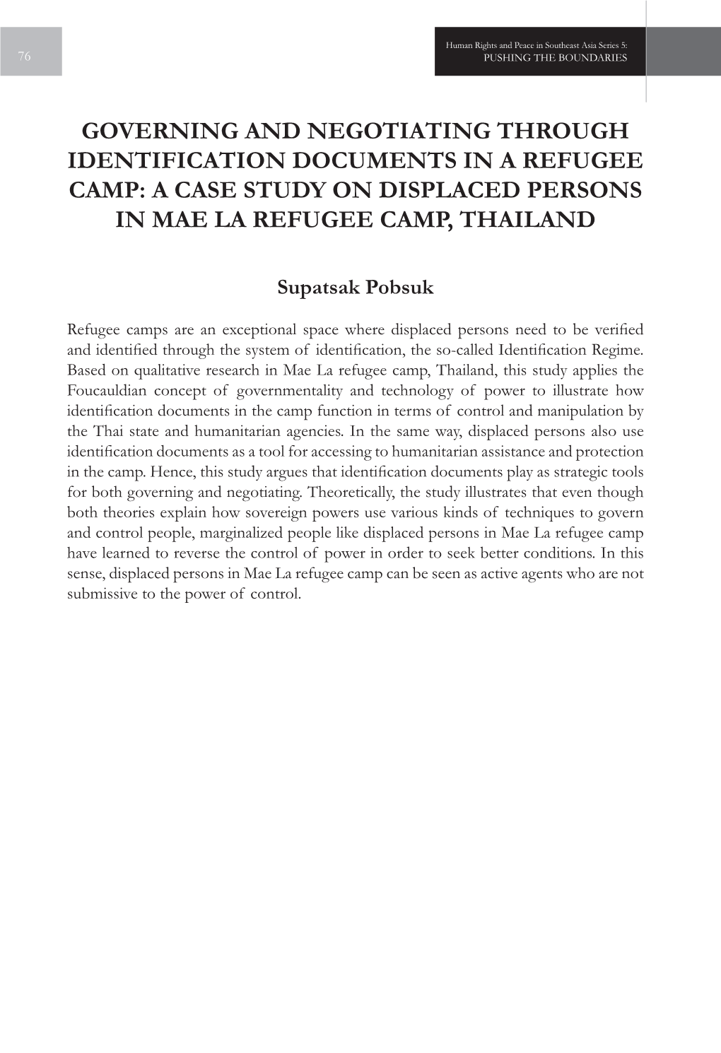 Governing and Negotiating Through Identification Documents in a Refugee Camp: a Case Study on Displaced Persons in Mae La Refugee Camp, Thailand