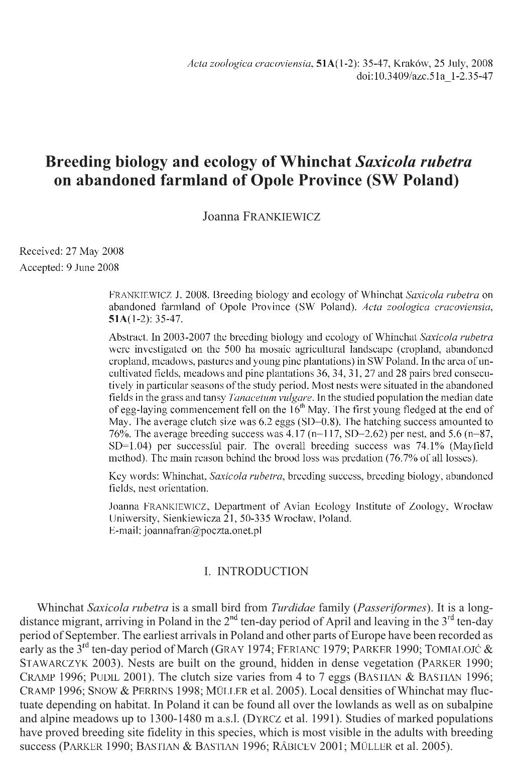 Breeding Biology and Ecology of Whinchat &lt;I&gt;Saxicola Rubetra&lt;/I&gt; on Abandoned Farmland of Opole Province (SW Poland)