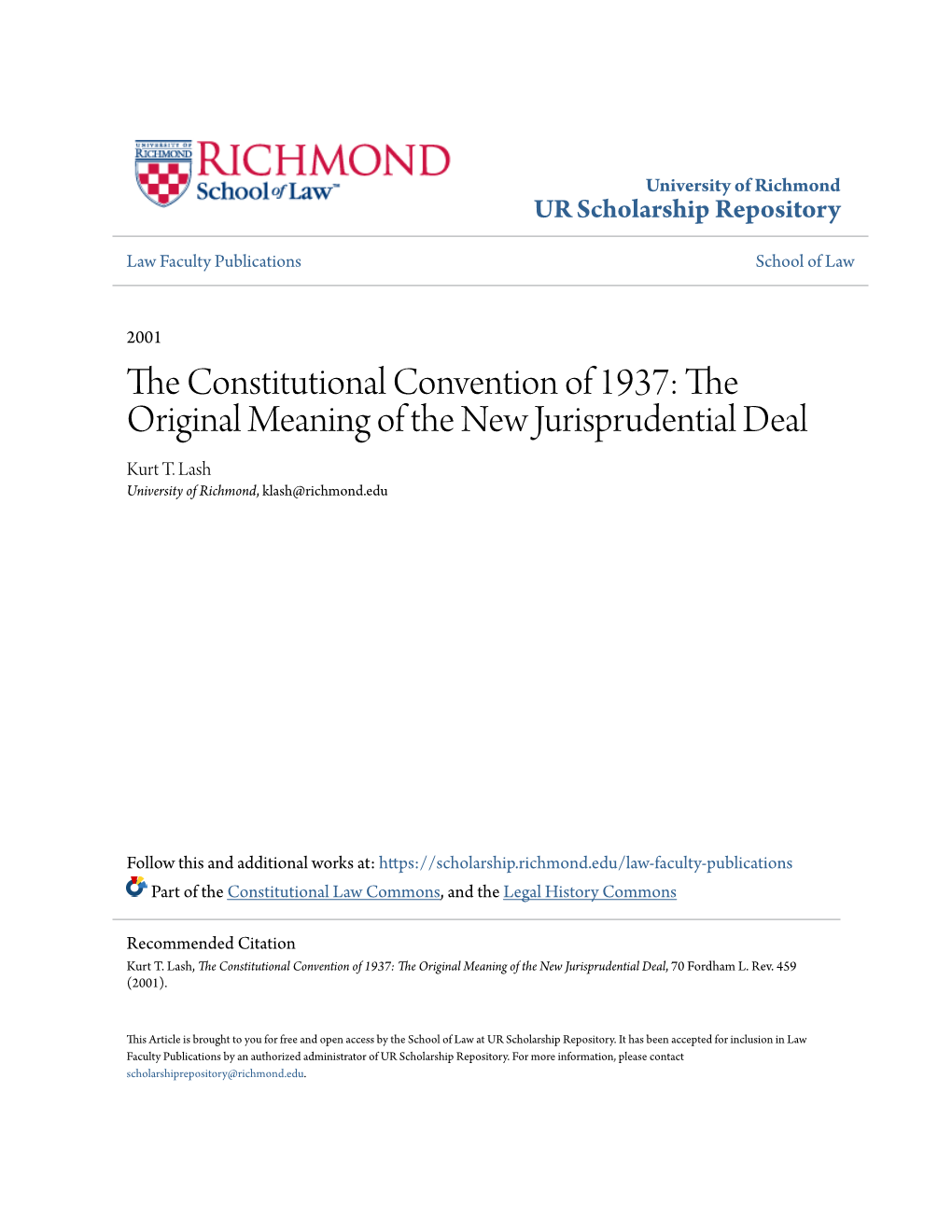 The Constitutional Convention of 1937: the Original Meaning of the New Jurisprudential Deal, 70 Fordham L